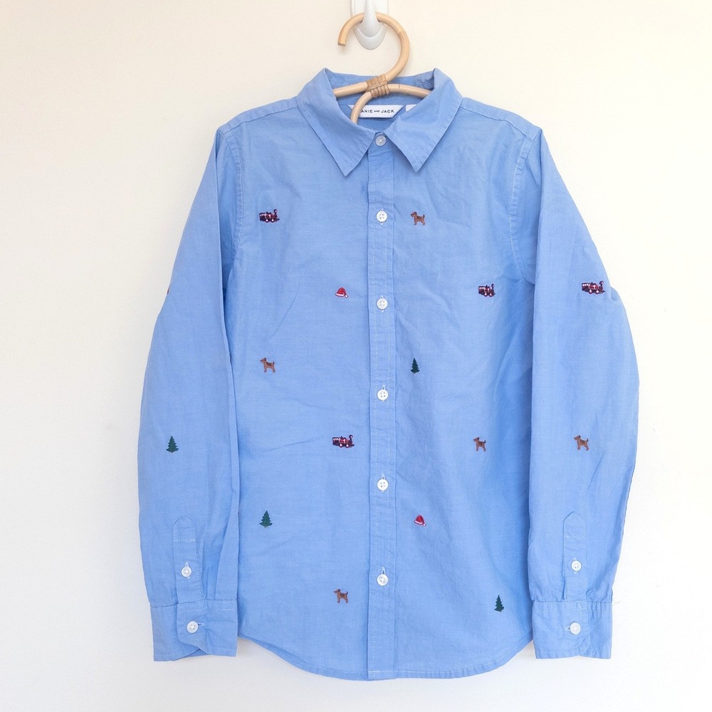 Janie and Jack Button Down Shirt Blue Christmas Tree Dog Train Embroidered Boy 8